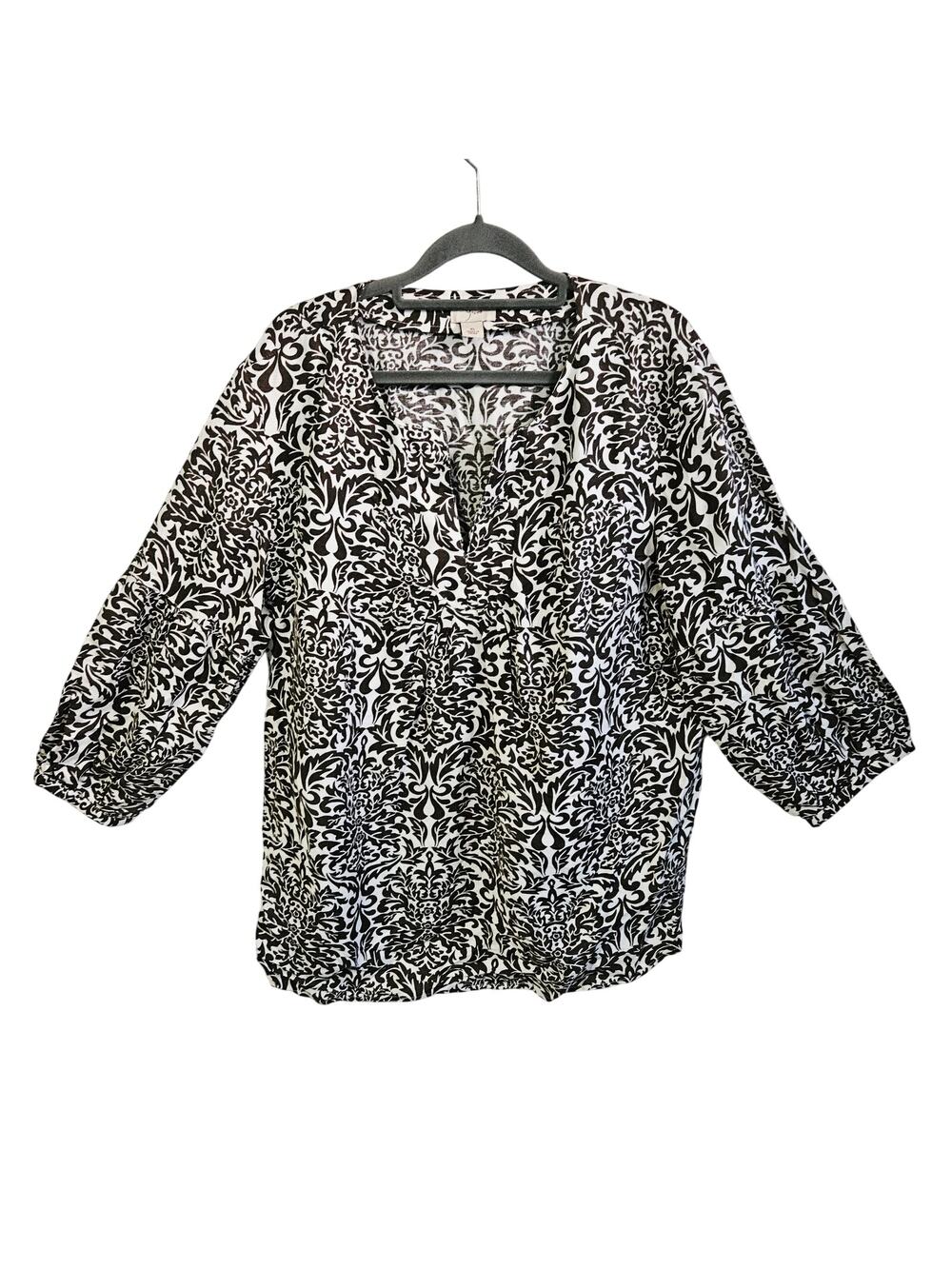 Yvos Women's Size XL Flowy Peasant Blouse Cream Brown Baroque Linen Blend Boho